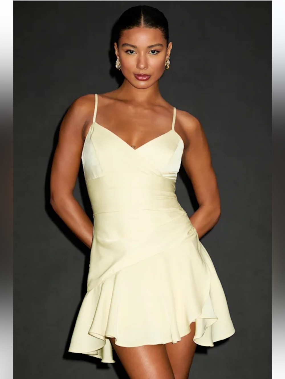 LULUS Riselle Light Yellow Satin Asymmetrical Mini Dress L